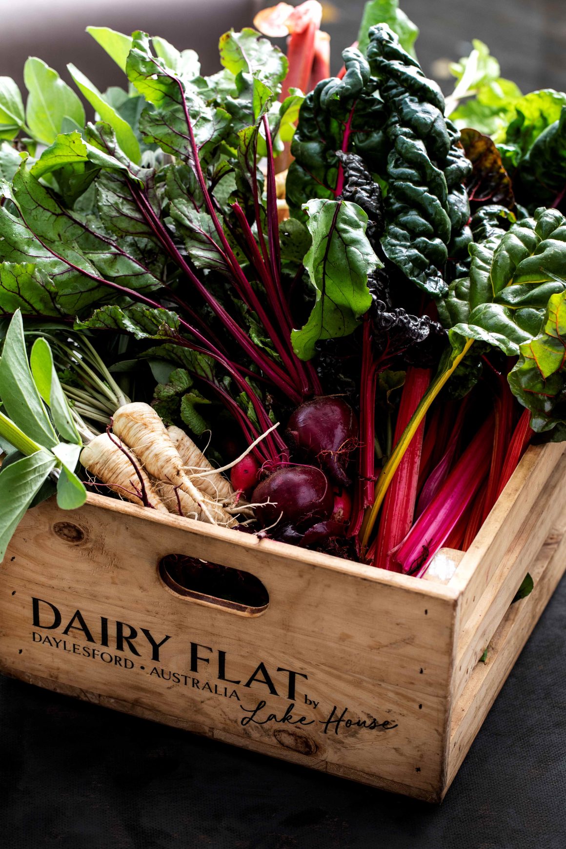 Box of local produce from Dairy Farm Flat in regional Victoria