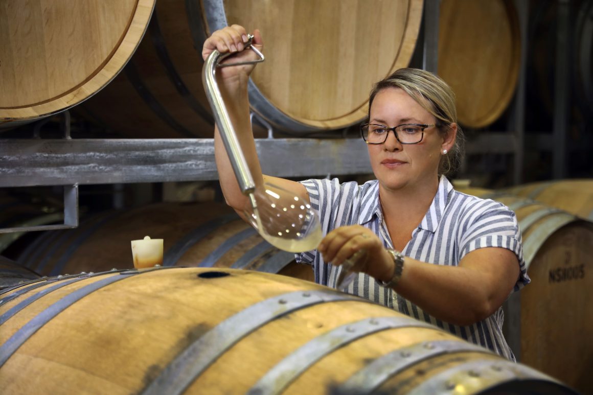 Hunter Valley 2025 winemaker of the year, Liz Jackson, in the barrell room at First Creek